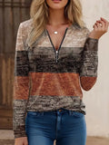 Quarter Zip Color Block Top by Belle Bijouix; long-sleeve knit with cream/black/rust blocks and zipper