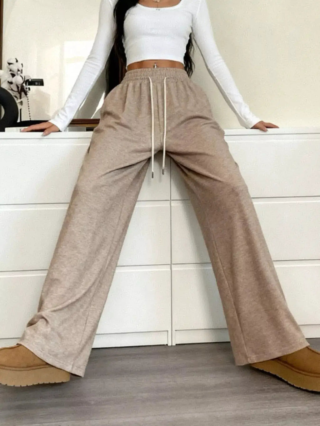 Full Size Drawstring High Waist Wide-Leg Pants Plus Size by Belle Bijouix, beige, pocketed