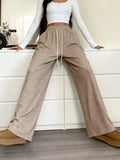 Full Size Drawstring High Waist Wide-Leg Pants Plus Size by Belle Bijouix, beige, pocketed
