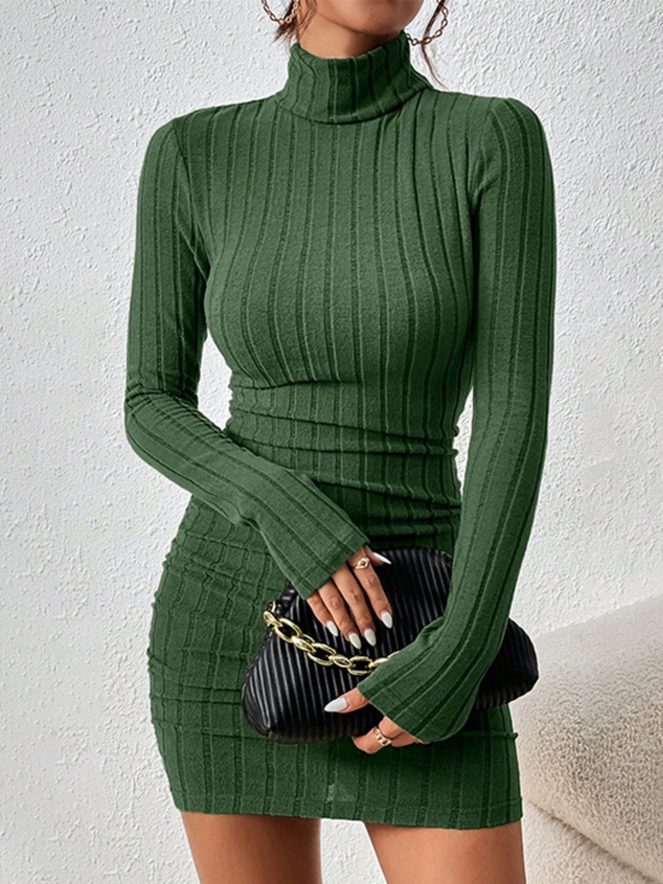 Turtleneck ribbed bodycon mini dress by Trendsi in green with long sleeves