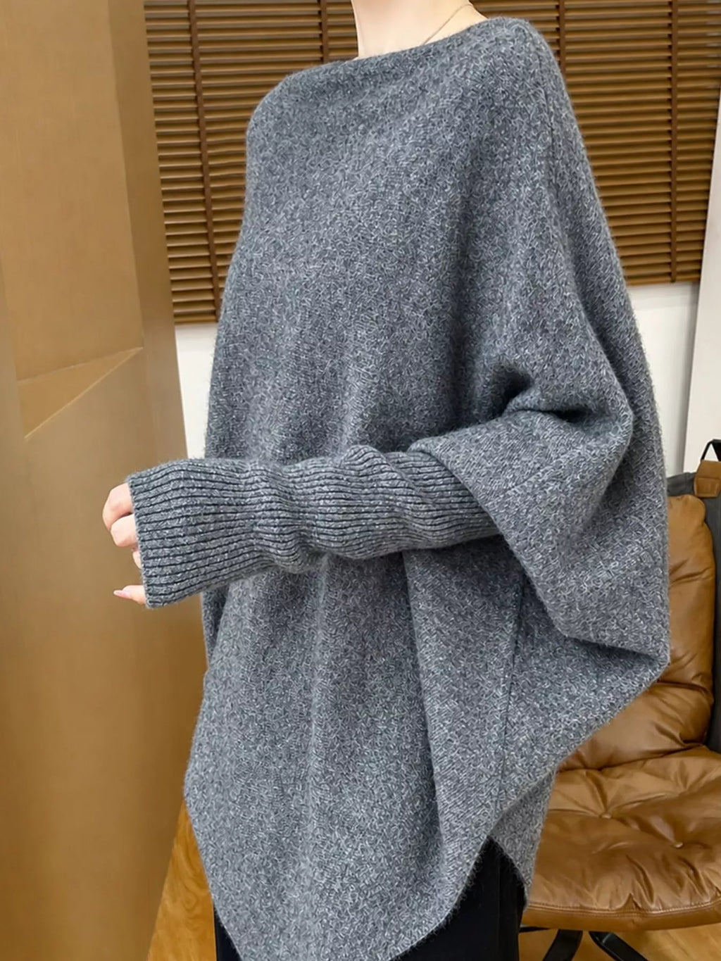 Oversized Asymmetric Wool Batwing Sweater in Dark Gray by Belle Bijouix – view 18 of 24