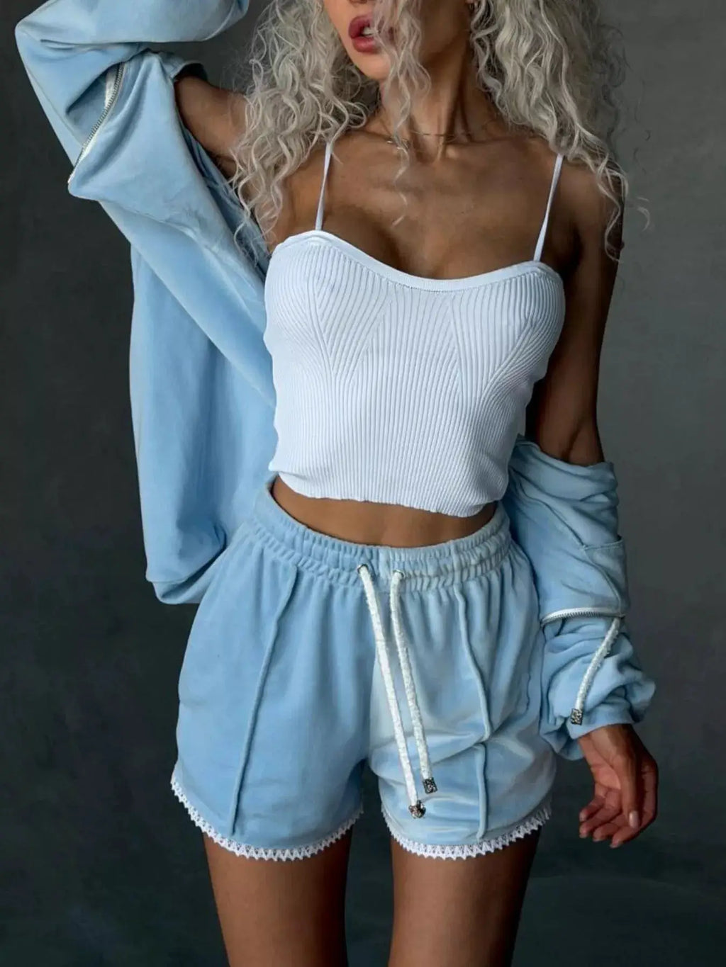 Belle Bijouix two-piece light-blue zip-up hooded outerwear and shorts activewear set