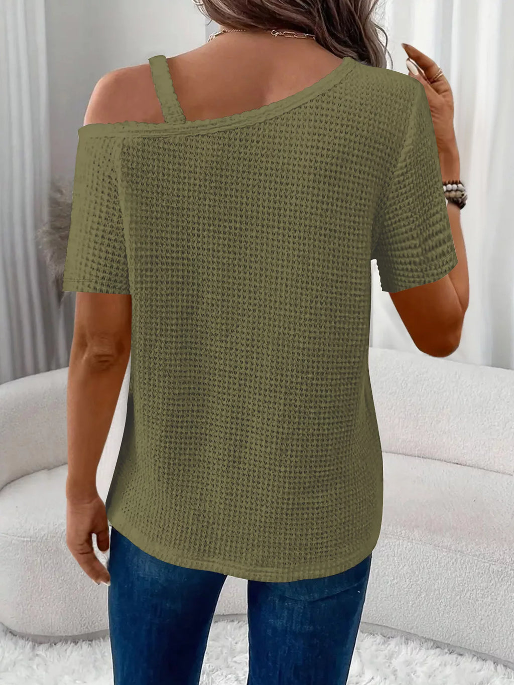 One-Shoulder waffle-knit T-shirt in olive green with an off-shoulder neckline