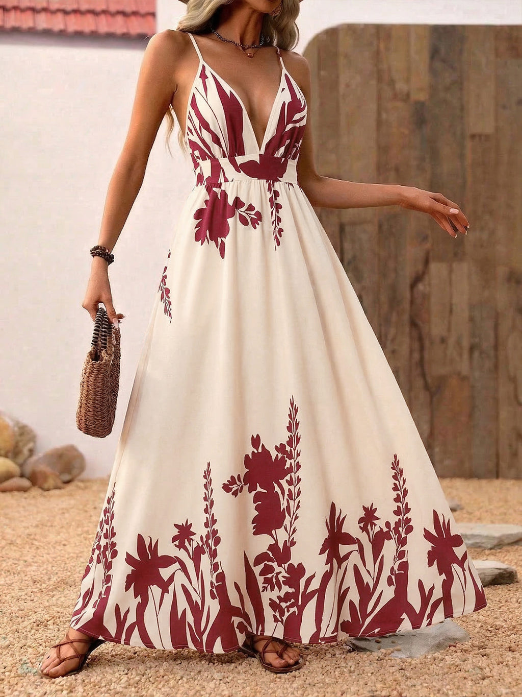 Deep V-Neck Spaghetti Strap Maxi Dress, cream with burgundy floral print.