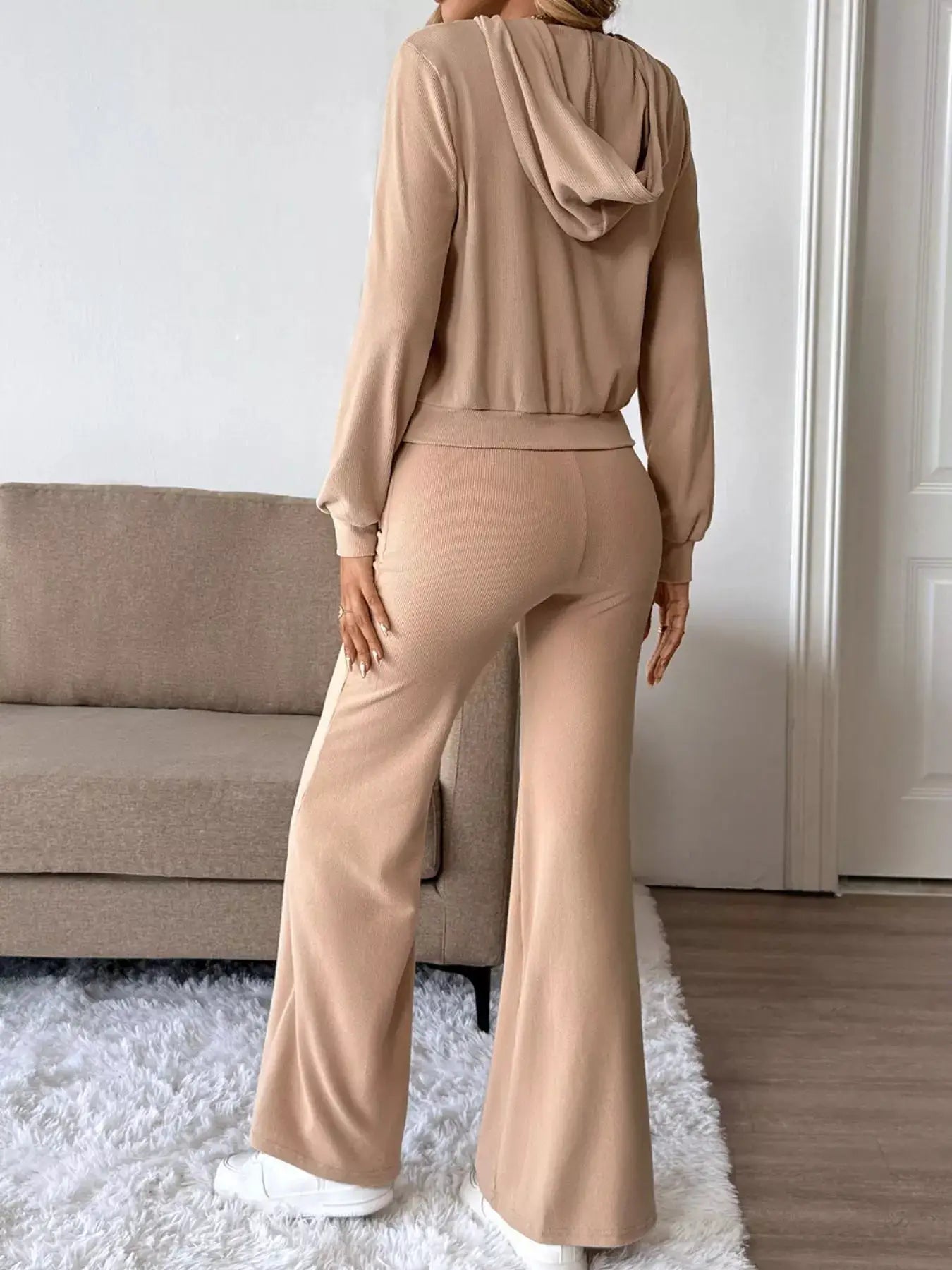Long Sleeve Hoodie and Pants Set in beige; knit loungewear with hooded top and wide-leg pants