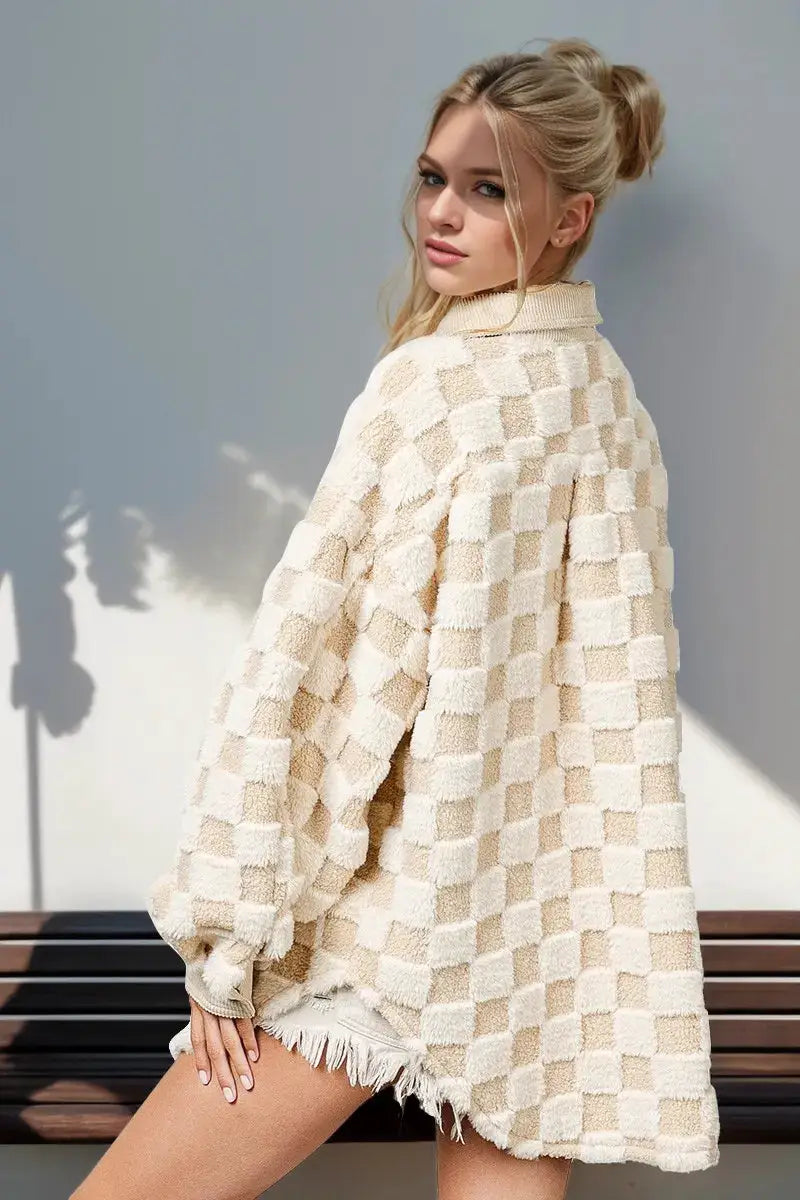 Double Take Button Up Fuzzy Checkered Shacket by Belle Bijouix in beige/cream plaid