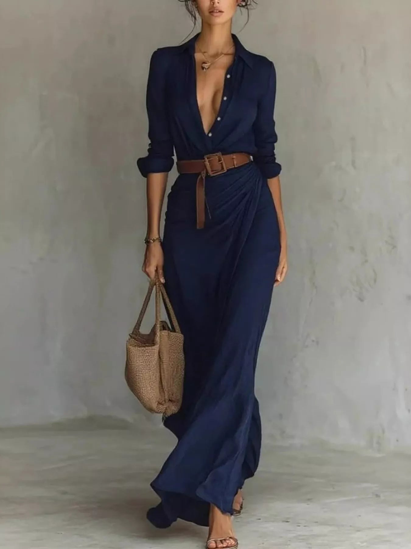 DRESSES: Navy full-size plus-size ruched long-sleeve maxi dress with belt; buttoned front.
