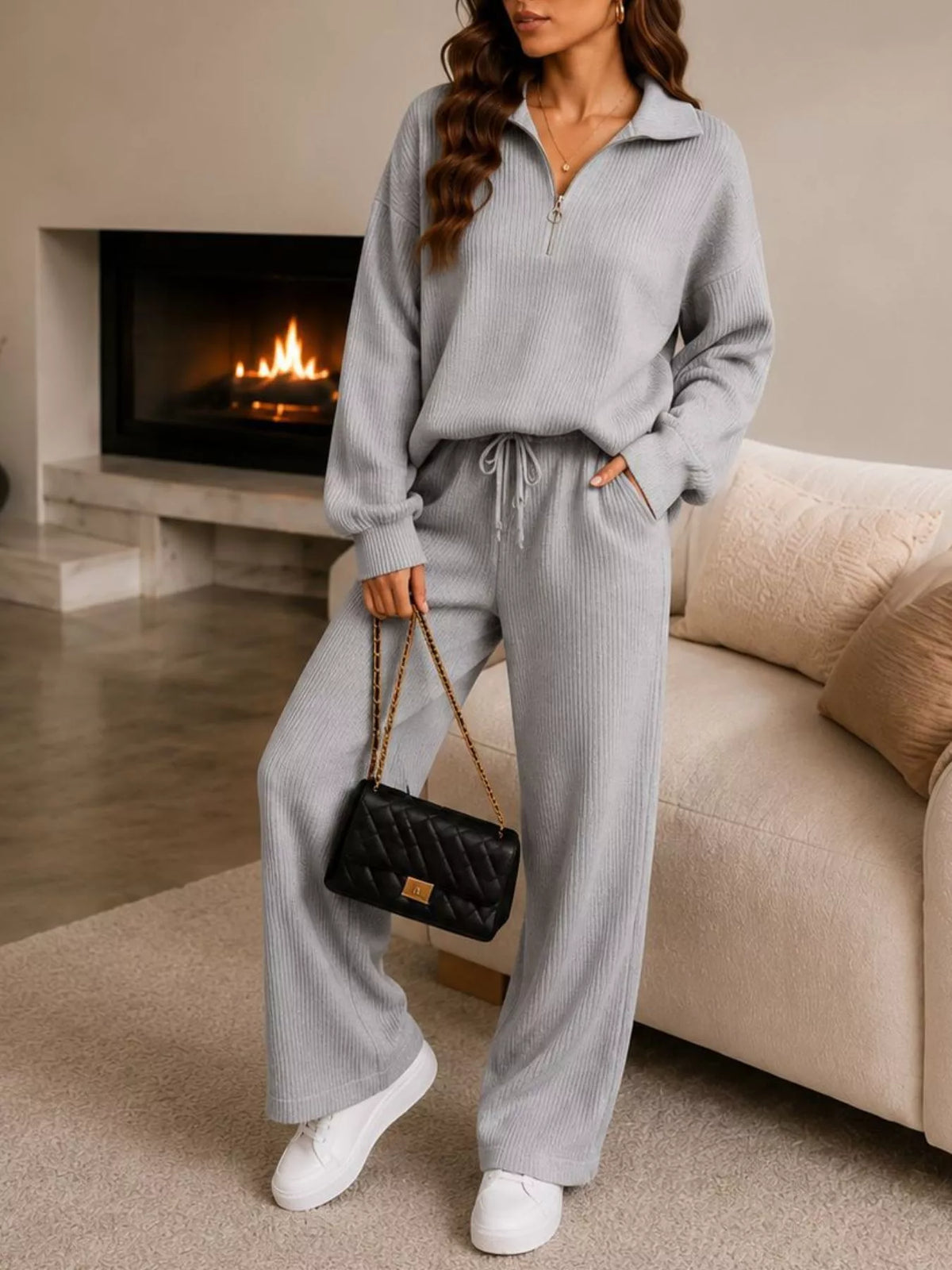 Ribbed Knit Quarter-Zip & Wide-Leg Pants Set by Belle Bijouix – view 11 of 16