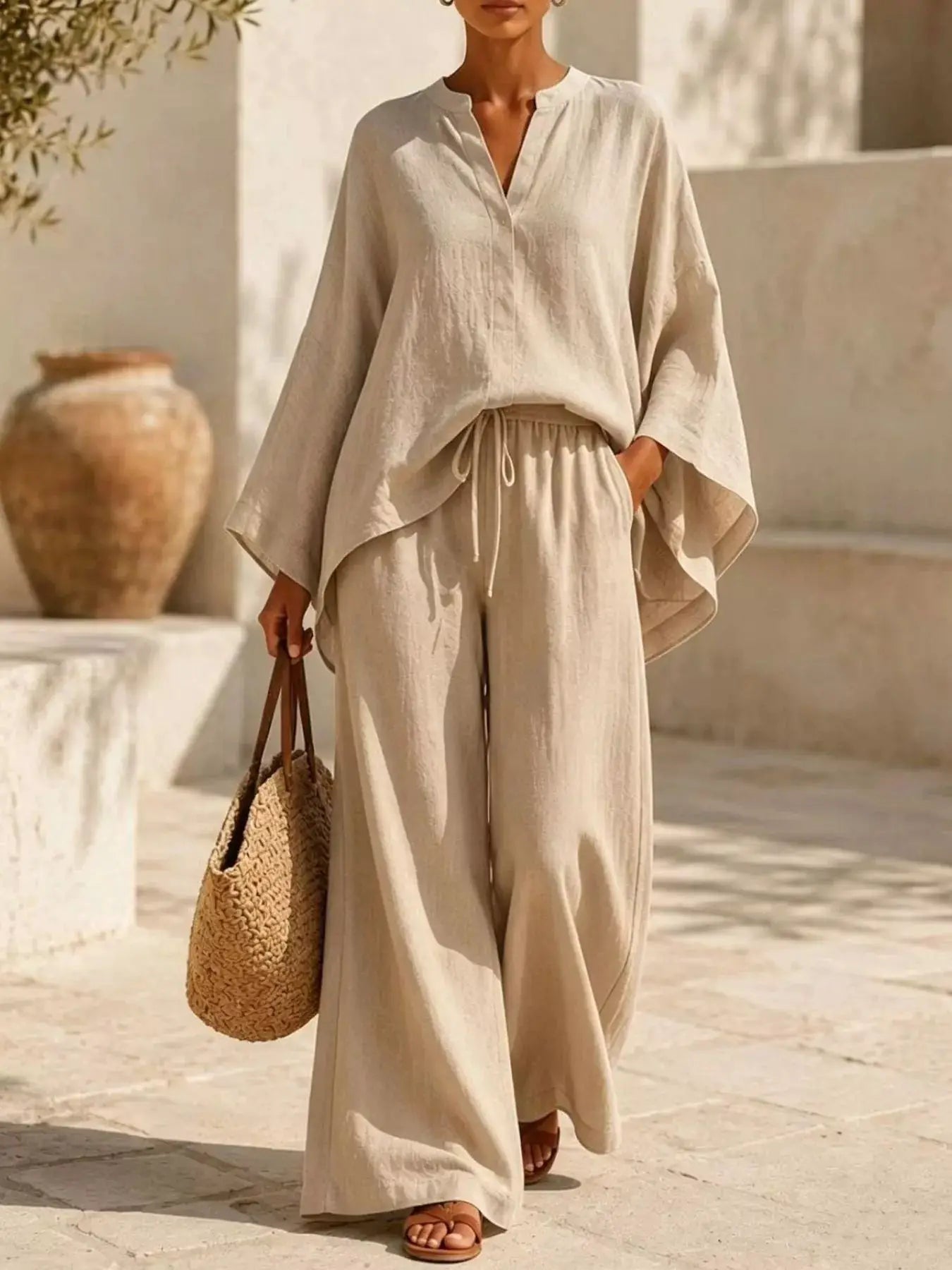 Plus Size Notched Long Sleeve Top & Wide-Leg Pants 2-Piece Beige Linen-Look Set