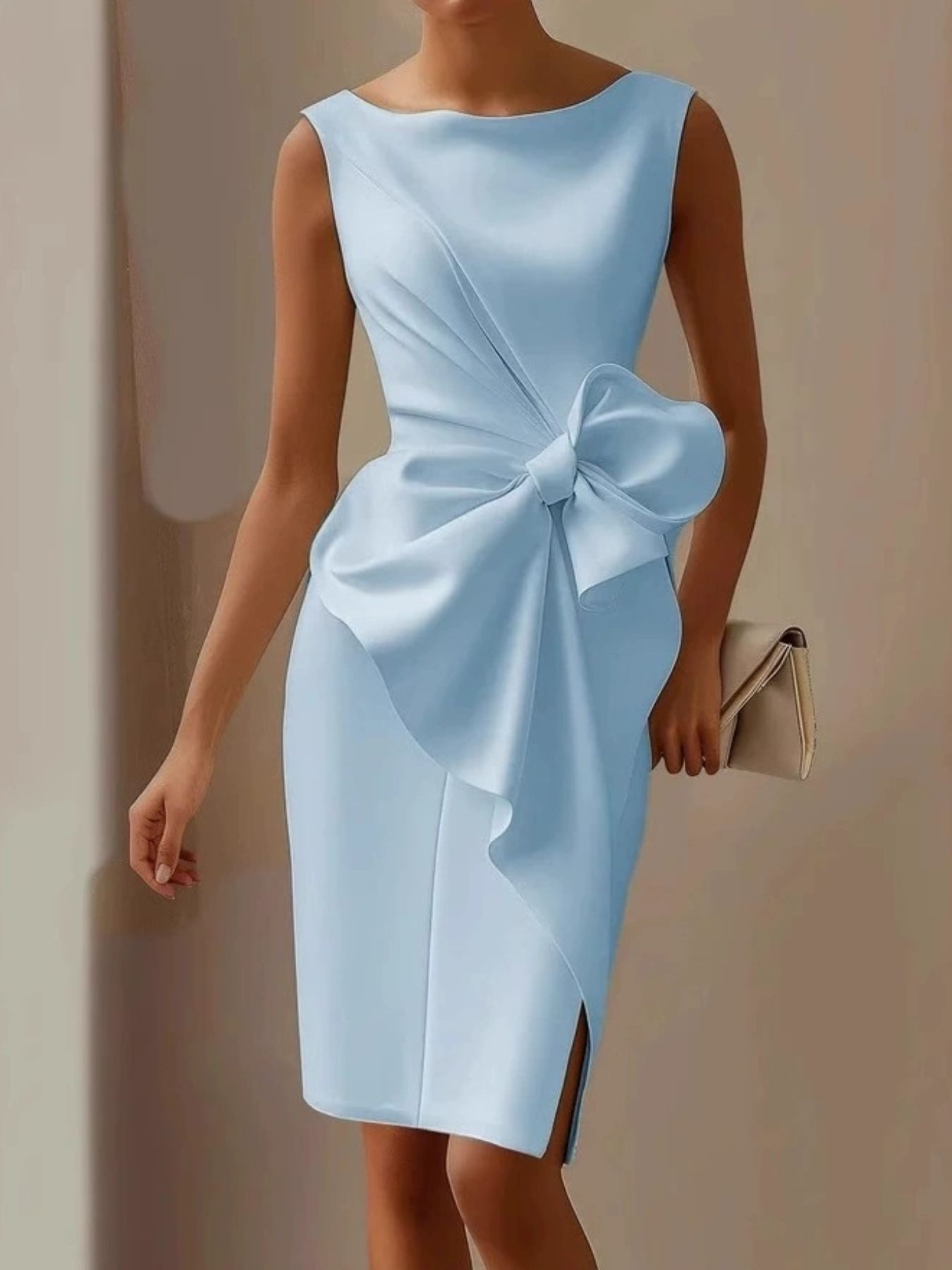 Dress Bellebijouix blue sleeveless bowknot front dress with waist bow and side slit
