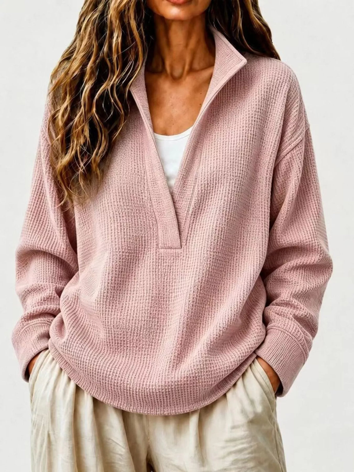 Waffle Knit Dropped Shoulder Sweatshirt