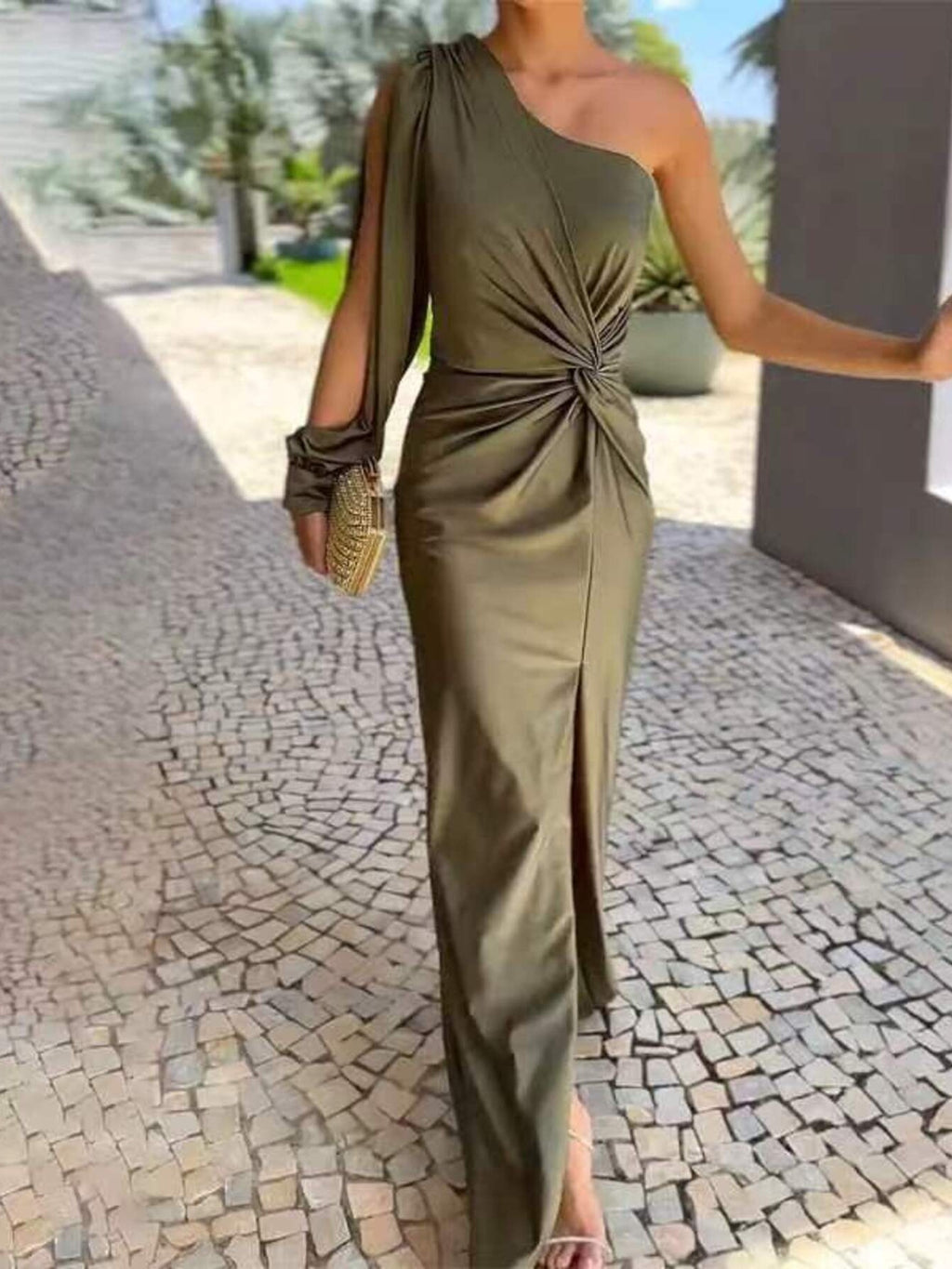 Full-size olive green one-shoulder knot-detail maxi dress with front slit, plus size
