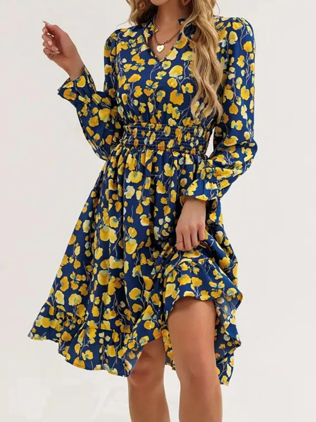 Floral Print Flounce Sleeve Ruffle Hem Dress in navy with yellow flowers by Belle Bijouix