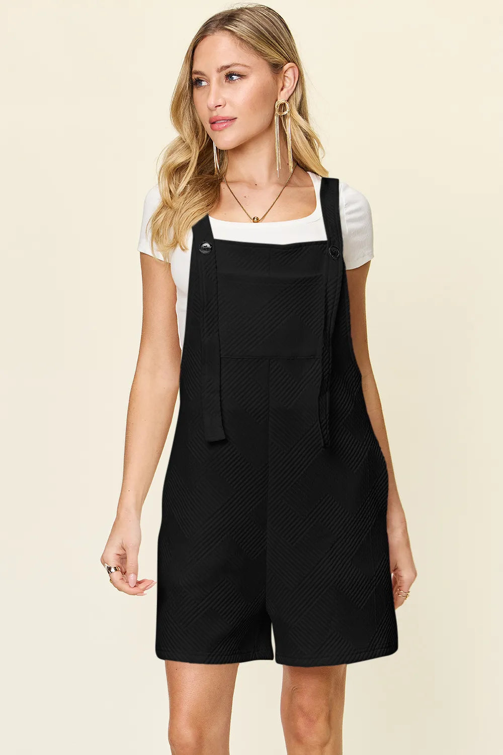 Double Take Full Size Texture Sleeveless Romper in black textured fabric with wide straps