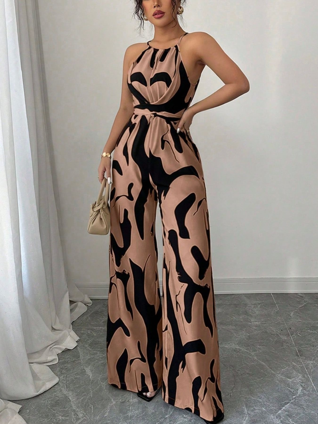 Abstract Print Sleeveless Wide-Leg Jumpsuit by Bellebijouix, beige with black abstract pattern