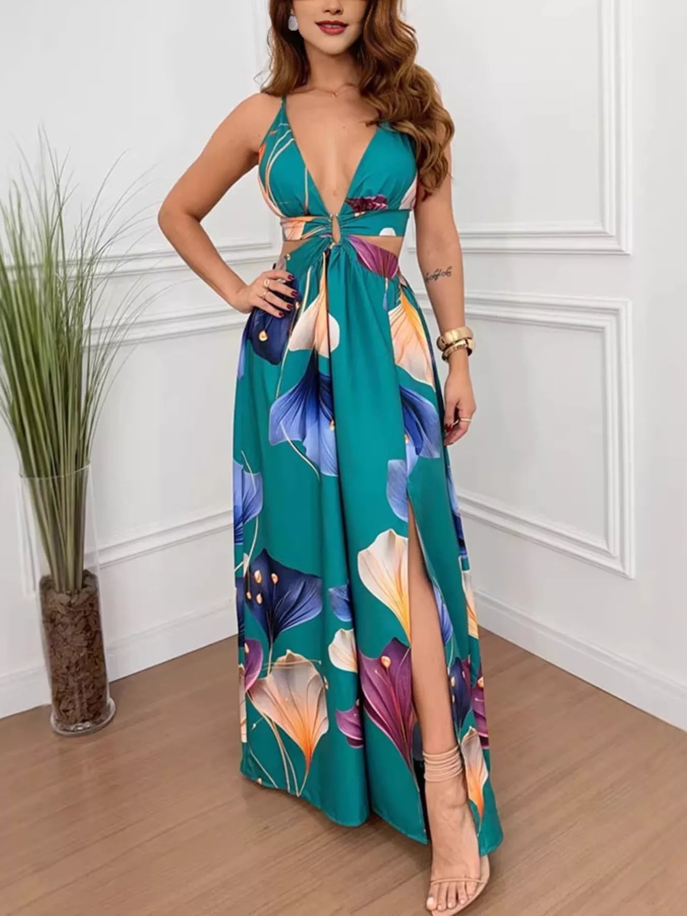Tropical print plunge-cutout slit maxi dress in teal with large floral pattern