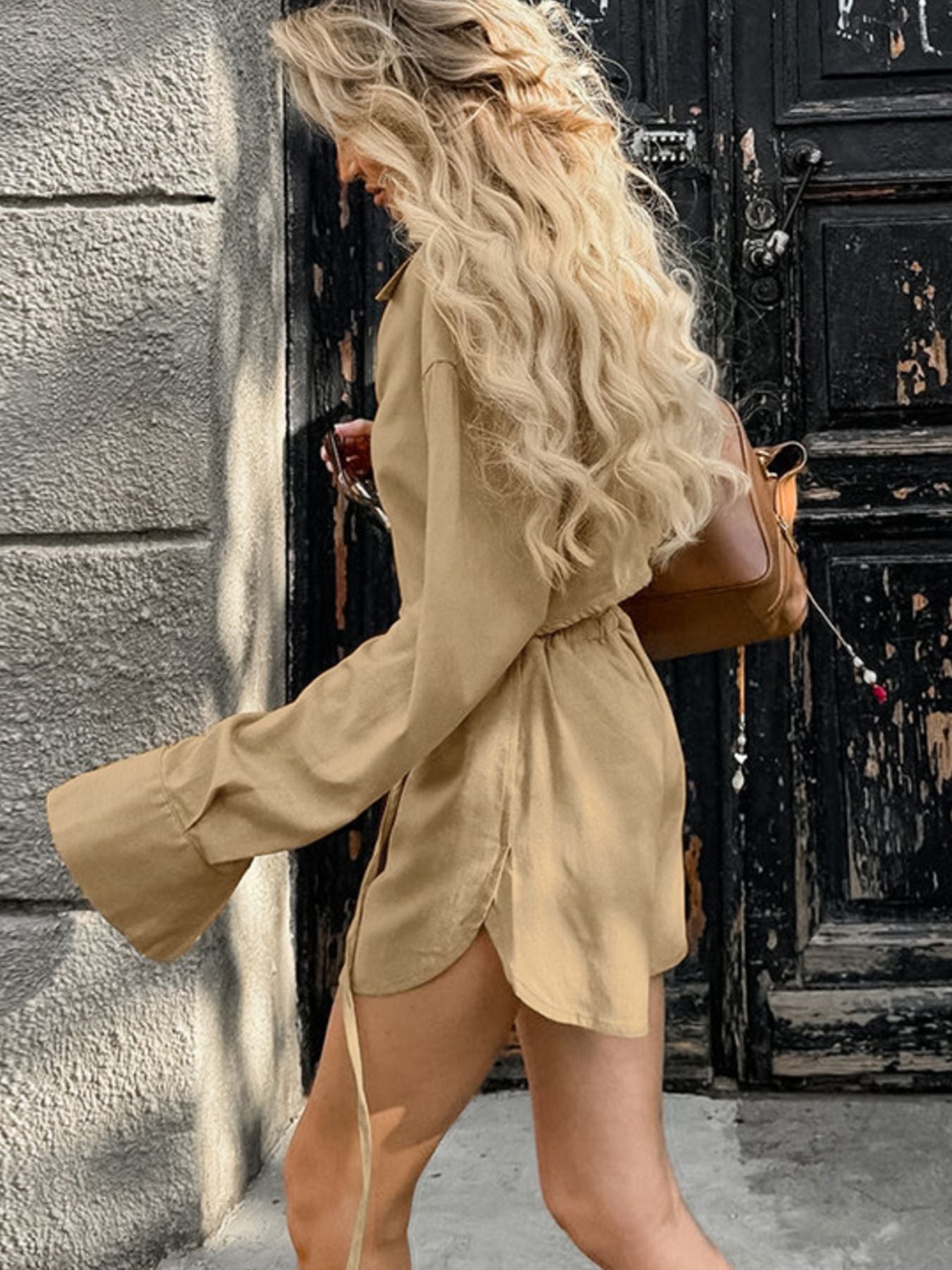 Long Sleeve Top and Shorts Set in beige by Belle Bijouix