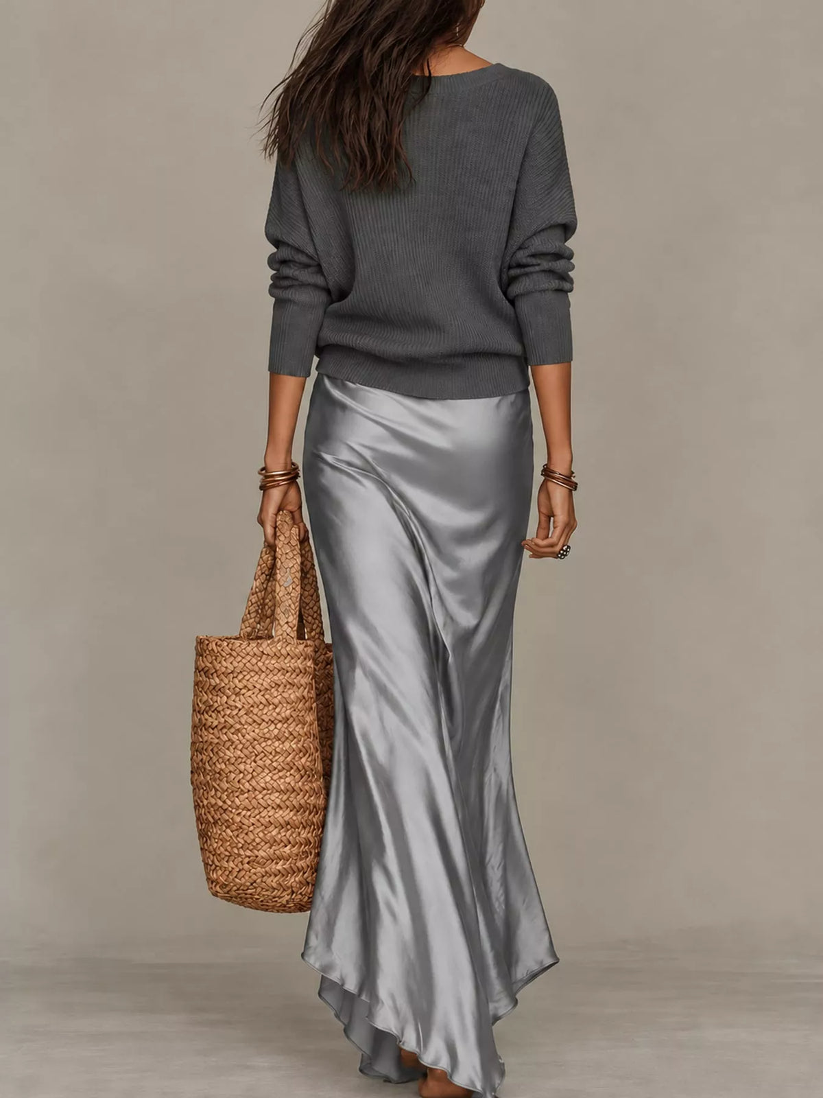 V-Neck Sweater & Satin Slip Maxi Dress Set in Gray by Belle Bijouix – view 27 of 41
