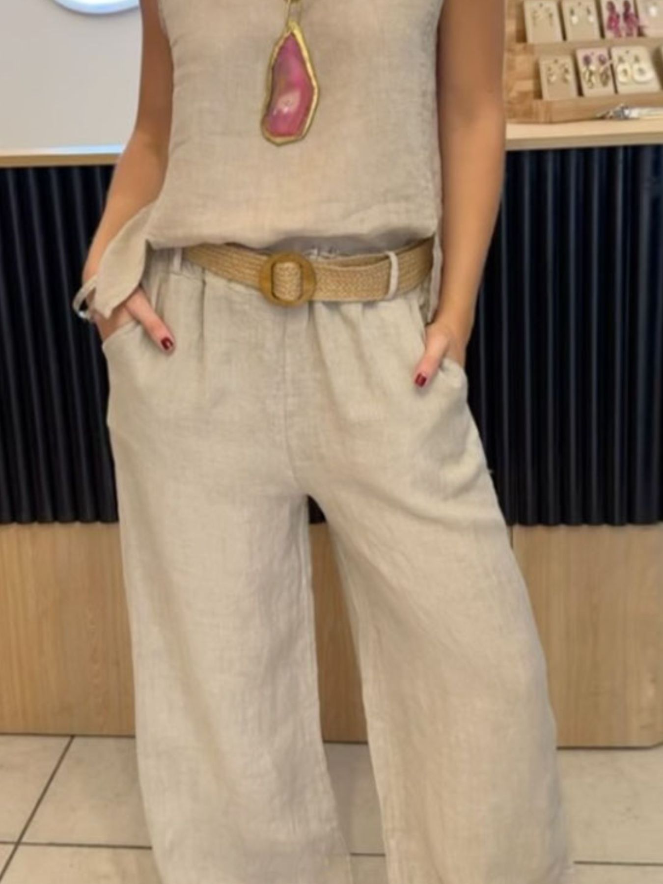 Trendsi beige linen-look round-neck tank and pants set with tan woven belt, plus size