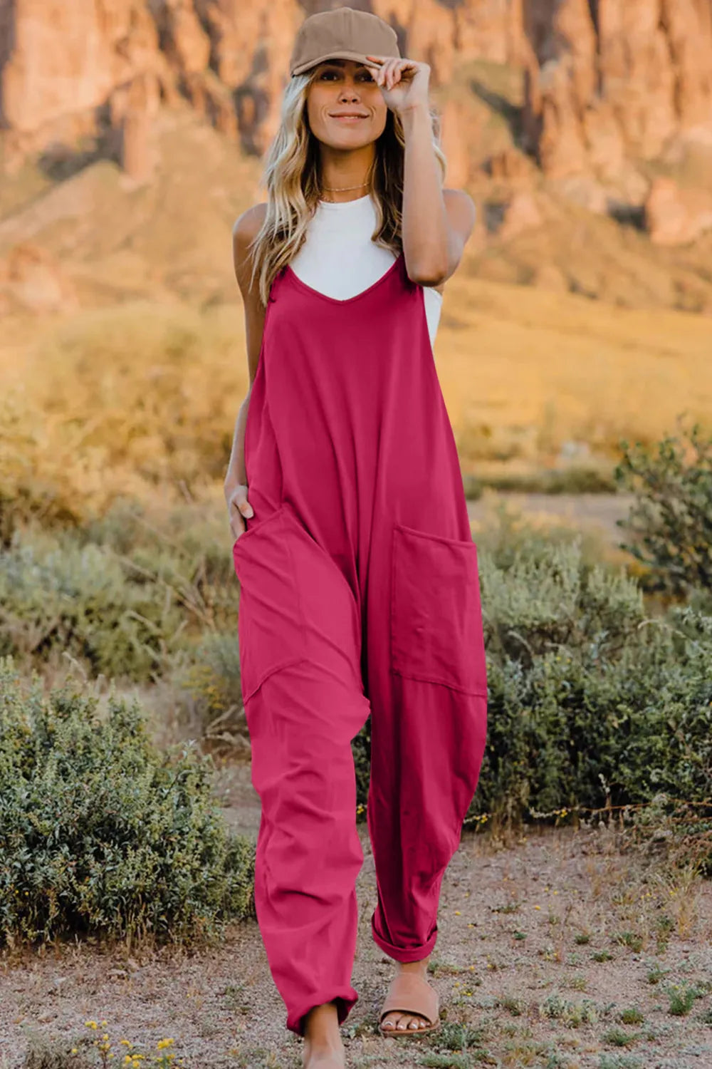 Double Take Full Size V-Neck Sleeveless Jumpsuit with Pockets in magenta