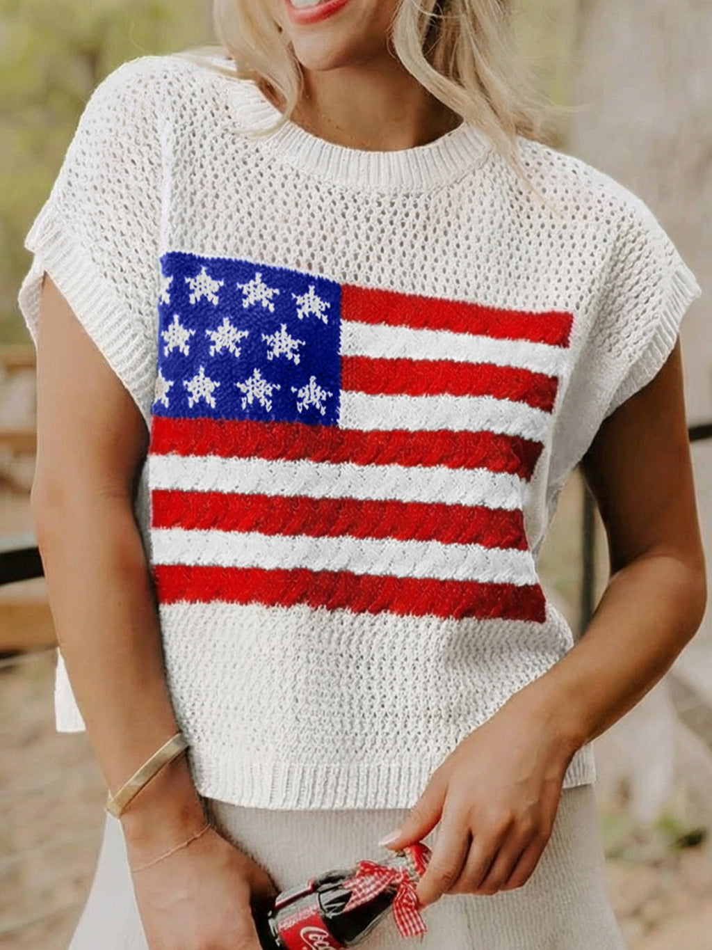 American Flag Knitted Short Sleeve Sweater, white knit with blue canton and red stripes
