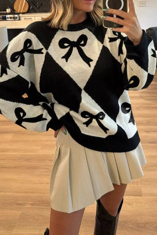 Bow Pattern Long Sleeve Contrast Sweater, black and white knit with bow motifs, pullover style, cozy knit