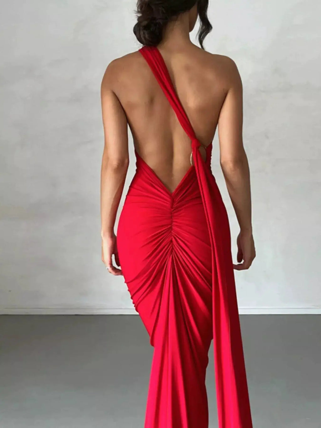 Backless One-Shoulder Ruched Bodycon Maxi Dress in red