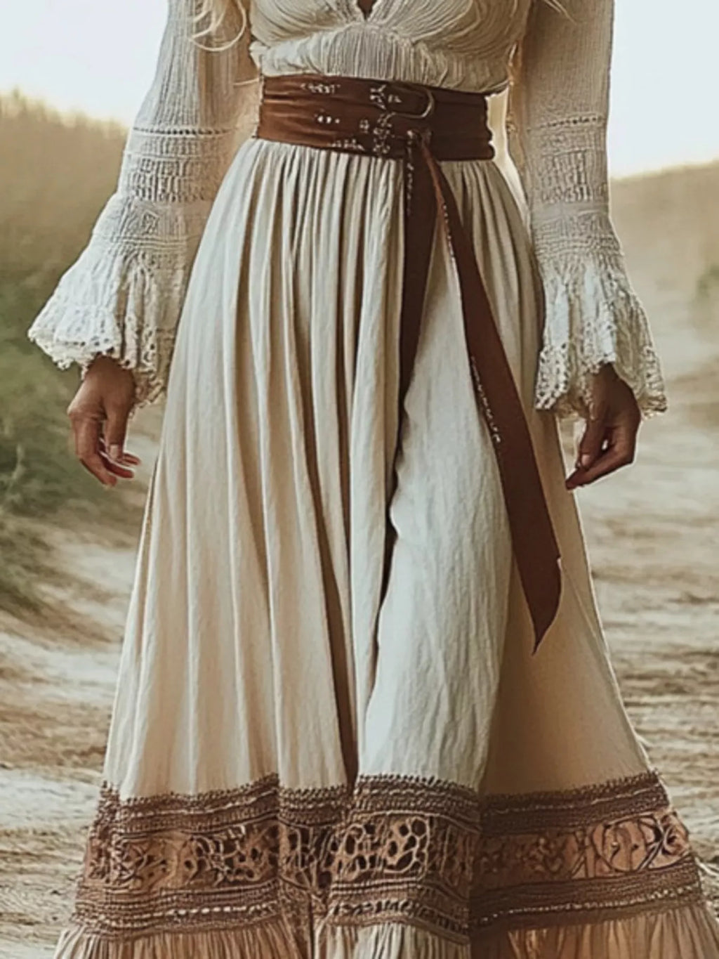 Plus-size beige deep-V neck boho maxi dress with lace-trim sleeves and brown sash belt