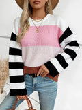 Color Block Round Neck Long Sleeve Sweater with white, pink and rust blocks and black striped sleeves
