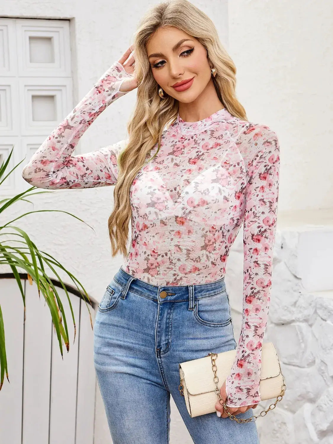 Floral pink mock-neck long-sleeve top with sheer floral print