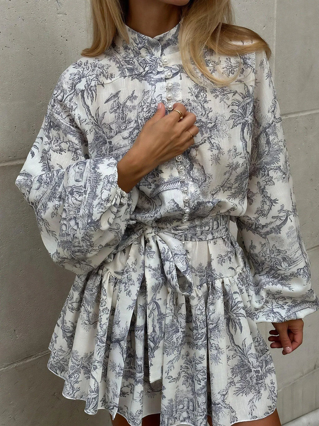 Printed Balloon Sleeve Tie Waist Dress with blue-gray toile print
