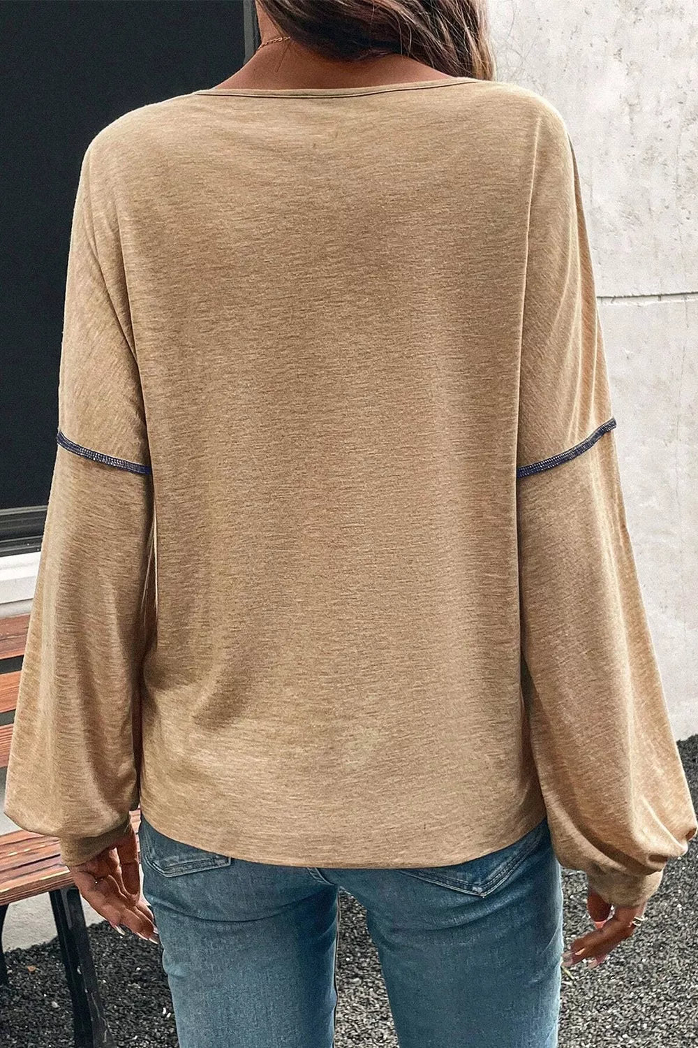Color Block V-Neck Long Sleeve T-Shirt by Belle Bijouix, beige top with blue sleeve contrast.