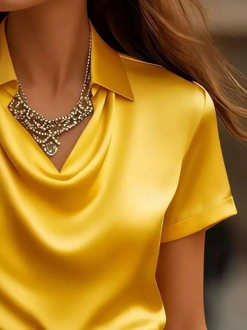 Plus-size satin blouse with a cowl neck and short sleeves in yellow by Trendsi