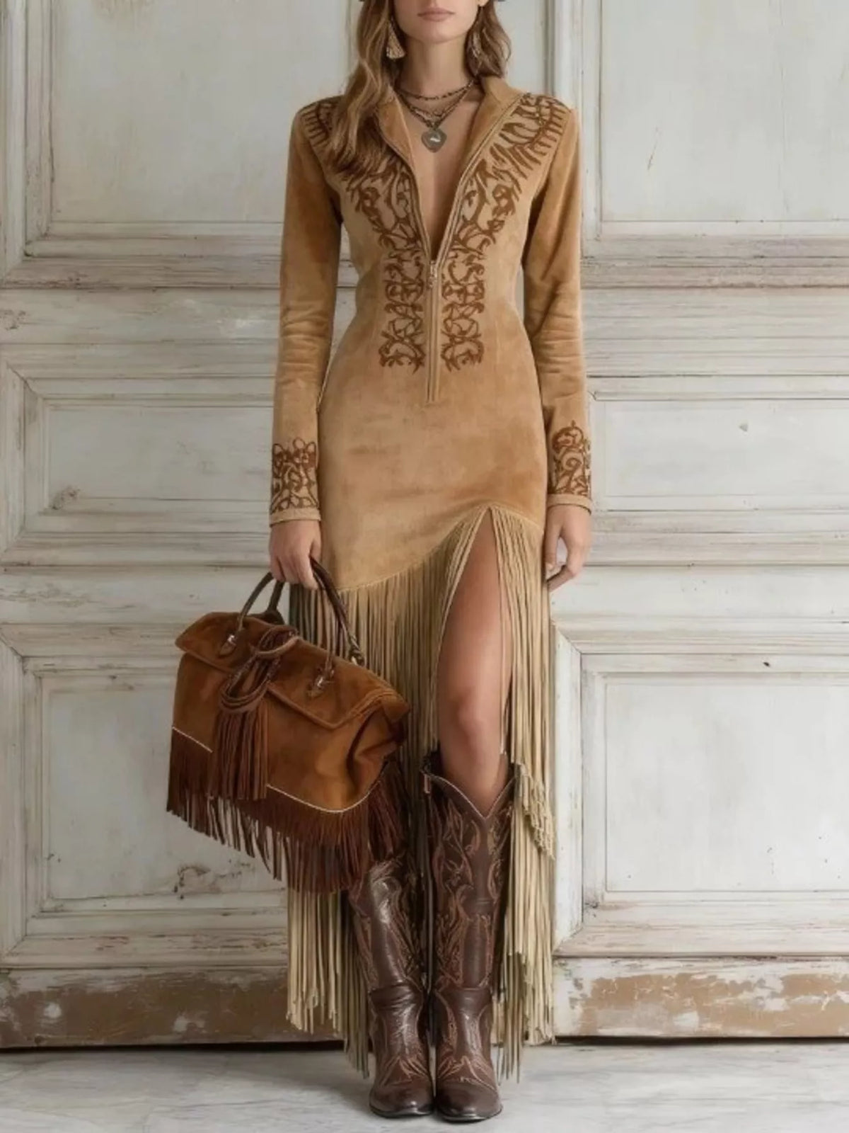Western Embroidered Faux Suede Fringe Maxi Dress by Belle Bijouix – view 1 of 3