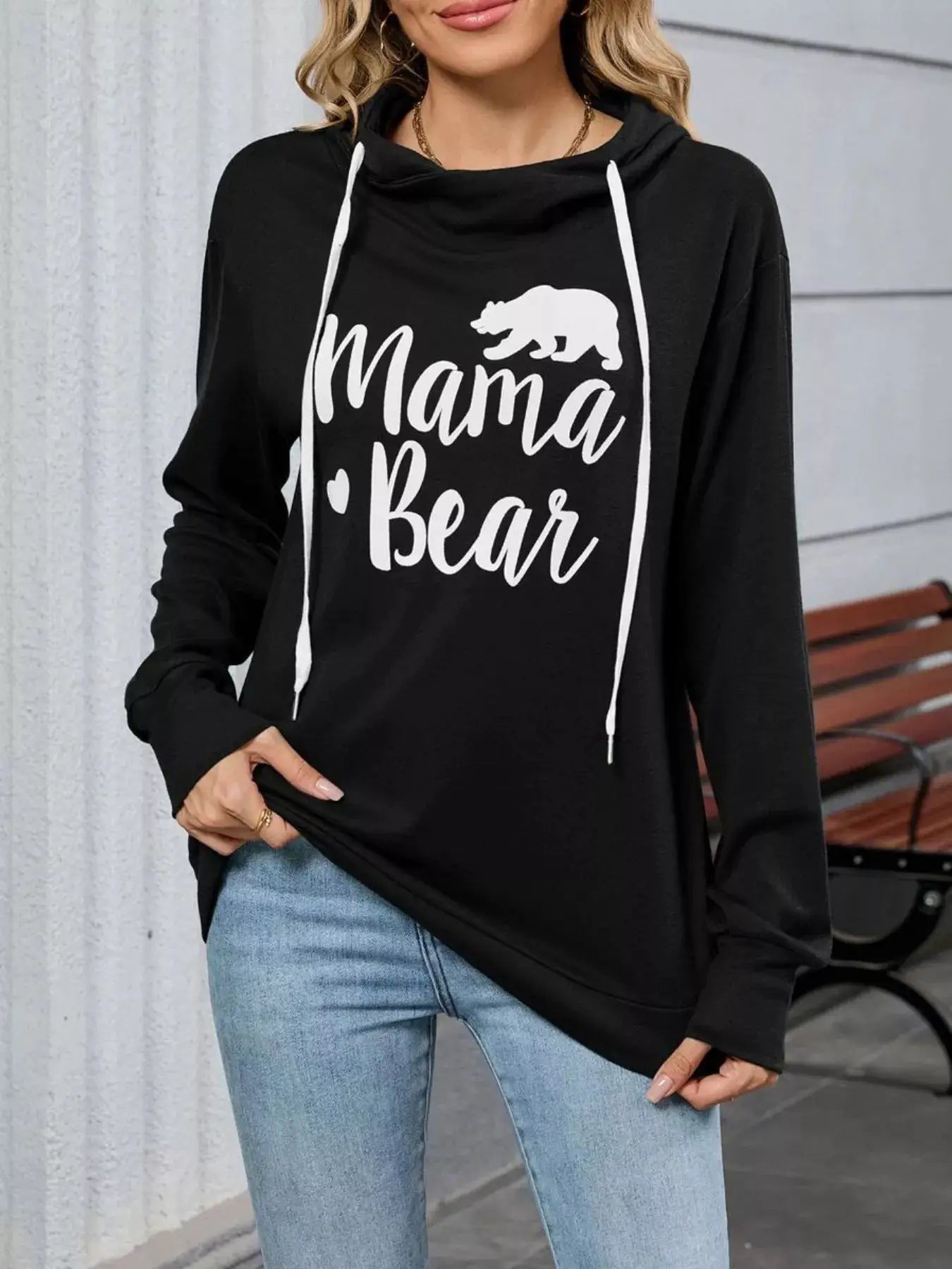 Letter Drawstring Long Sleeve Hoodie by Belle Bijouix in black with white drawstrings.