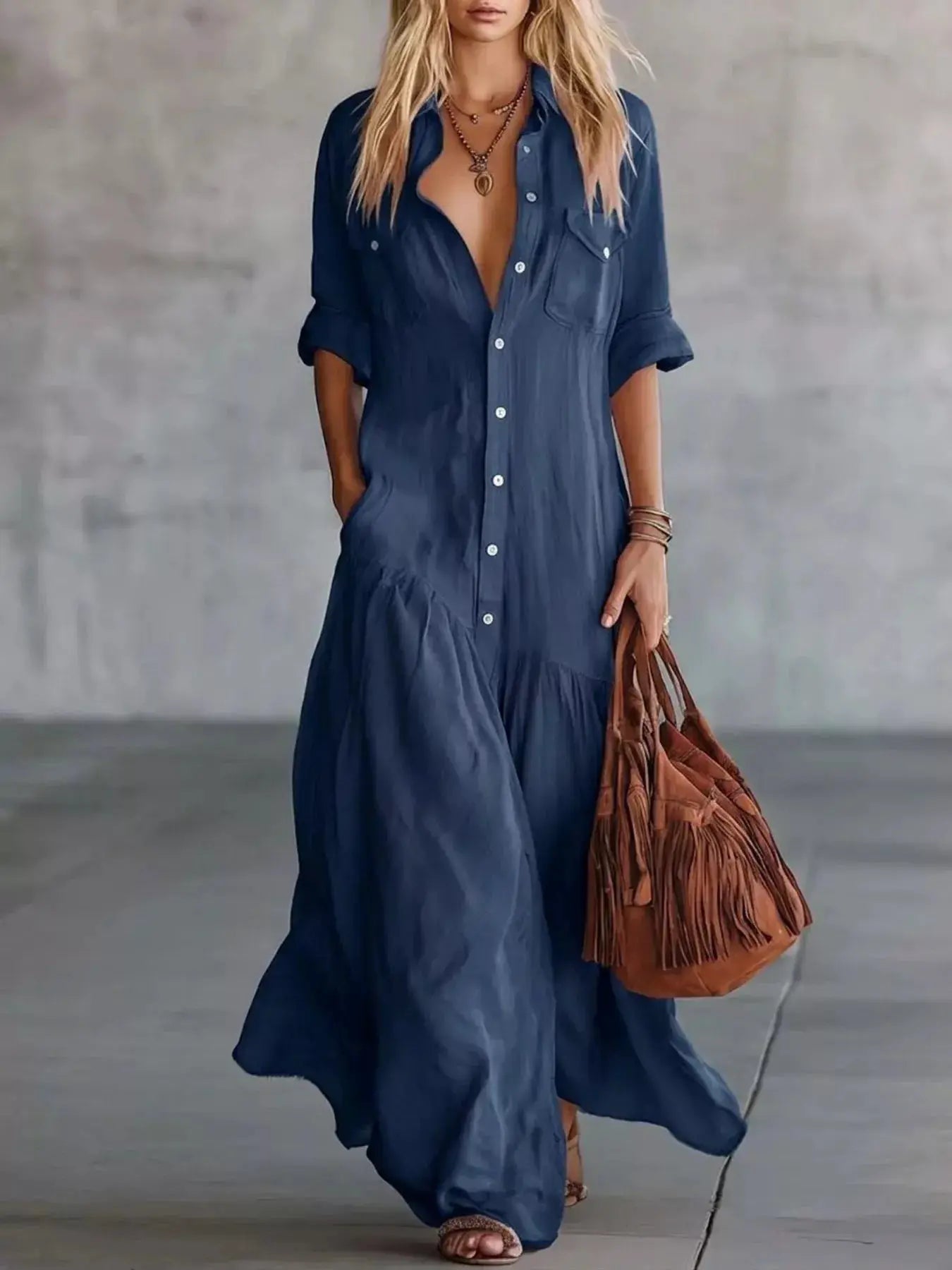 Plus size maxi dress with button front, roll-up sleeves, and pockets in navy blue