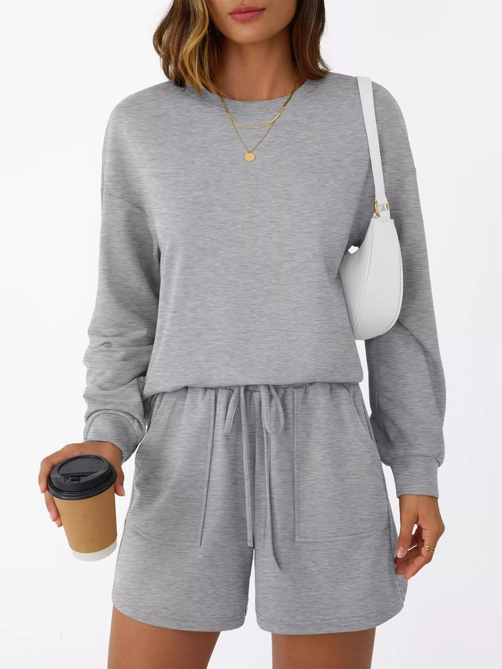 Round Neck Long Sleeve Top and Shorts Set, gray heather activewear with drawstring waist and pockets