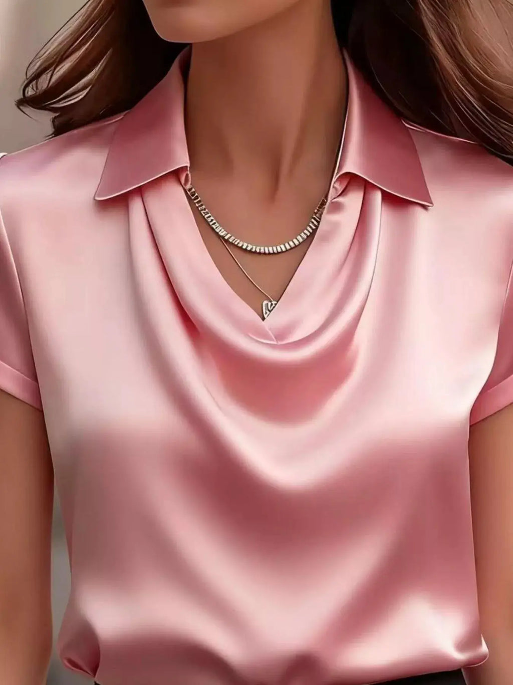 Satin blouse in pink with a draped cowl neck and short sleeves, plus size