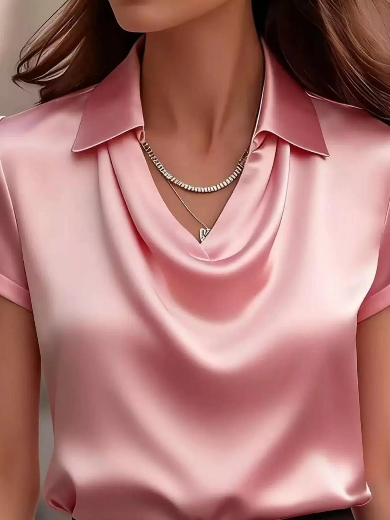 Satin blouse in pink with a draped cowl neck and short sleeves, plus size