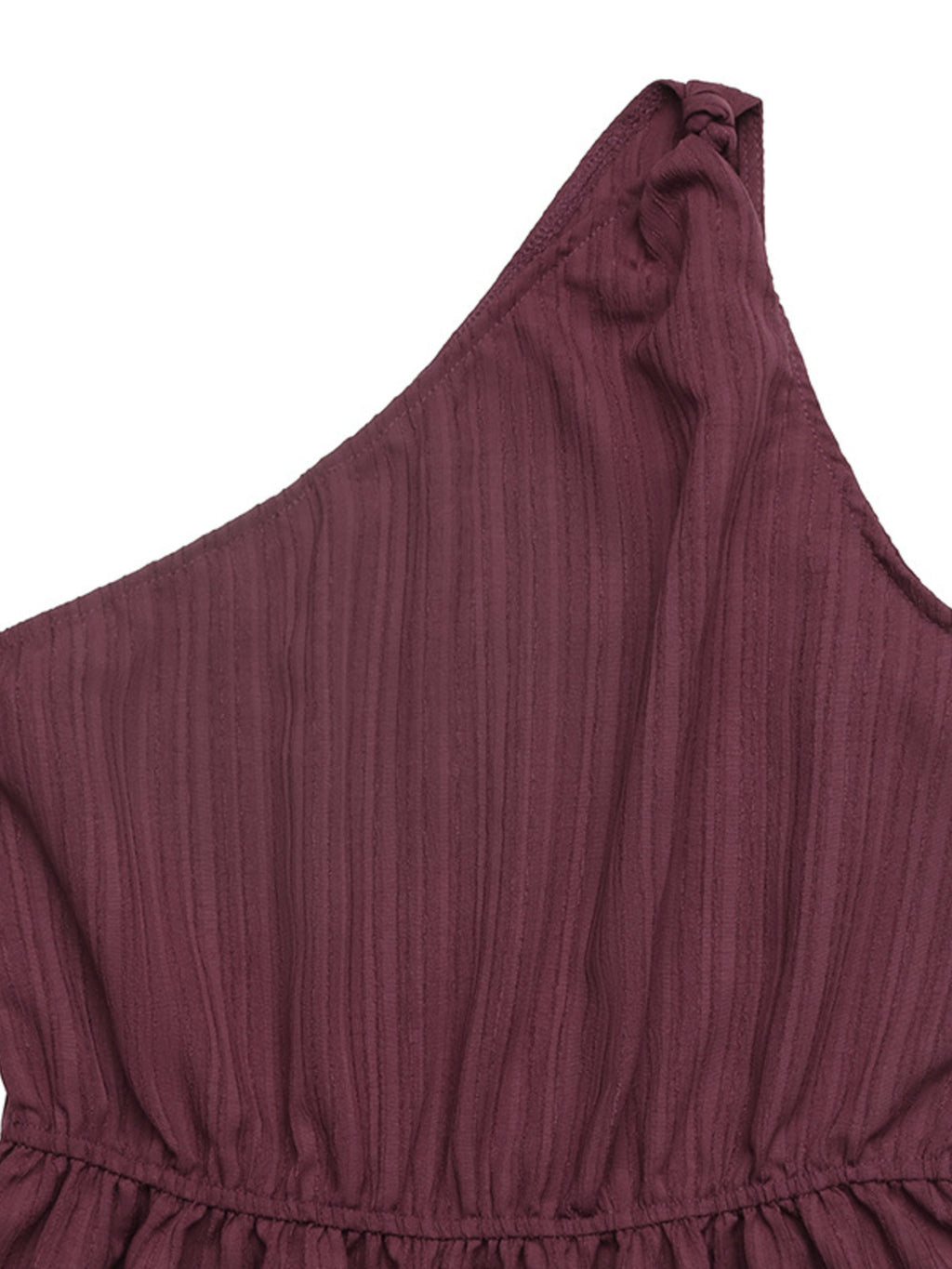 One-shoulder tie-waist romper in burgundy ribbed fabric with shoulder knot by Trendsi.