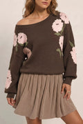 Floral print drop-shoulder relaxed sweater in brown with pink flowers by Trendsi.