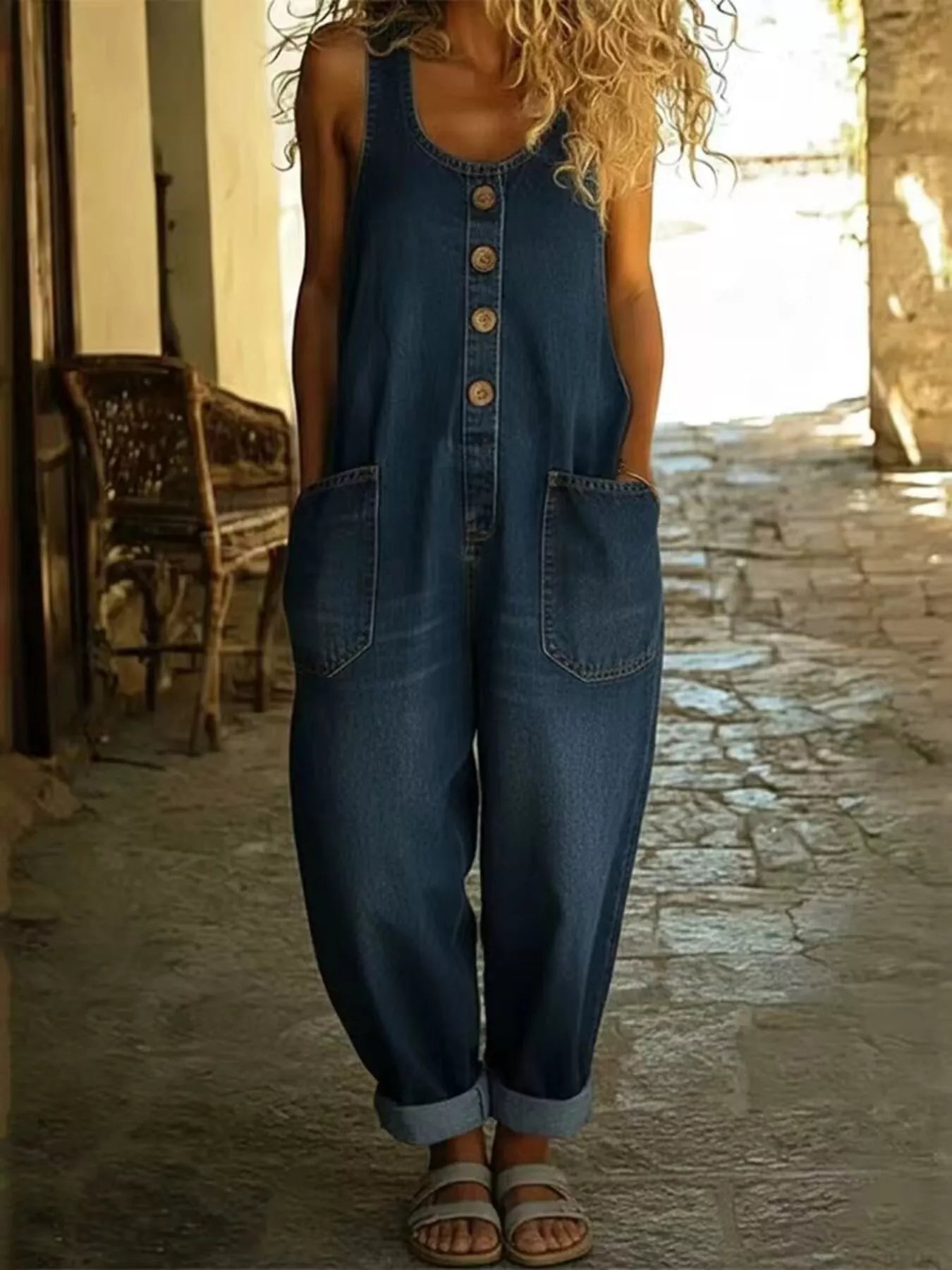 Plus-size denim jumpsuit with wide straps, button-front detail, front pockets and rolled cuffs in dark blue.