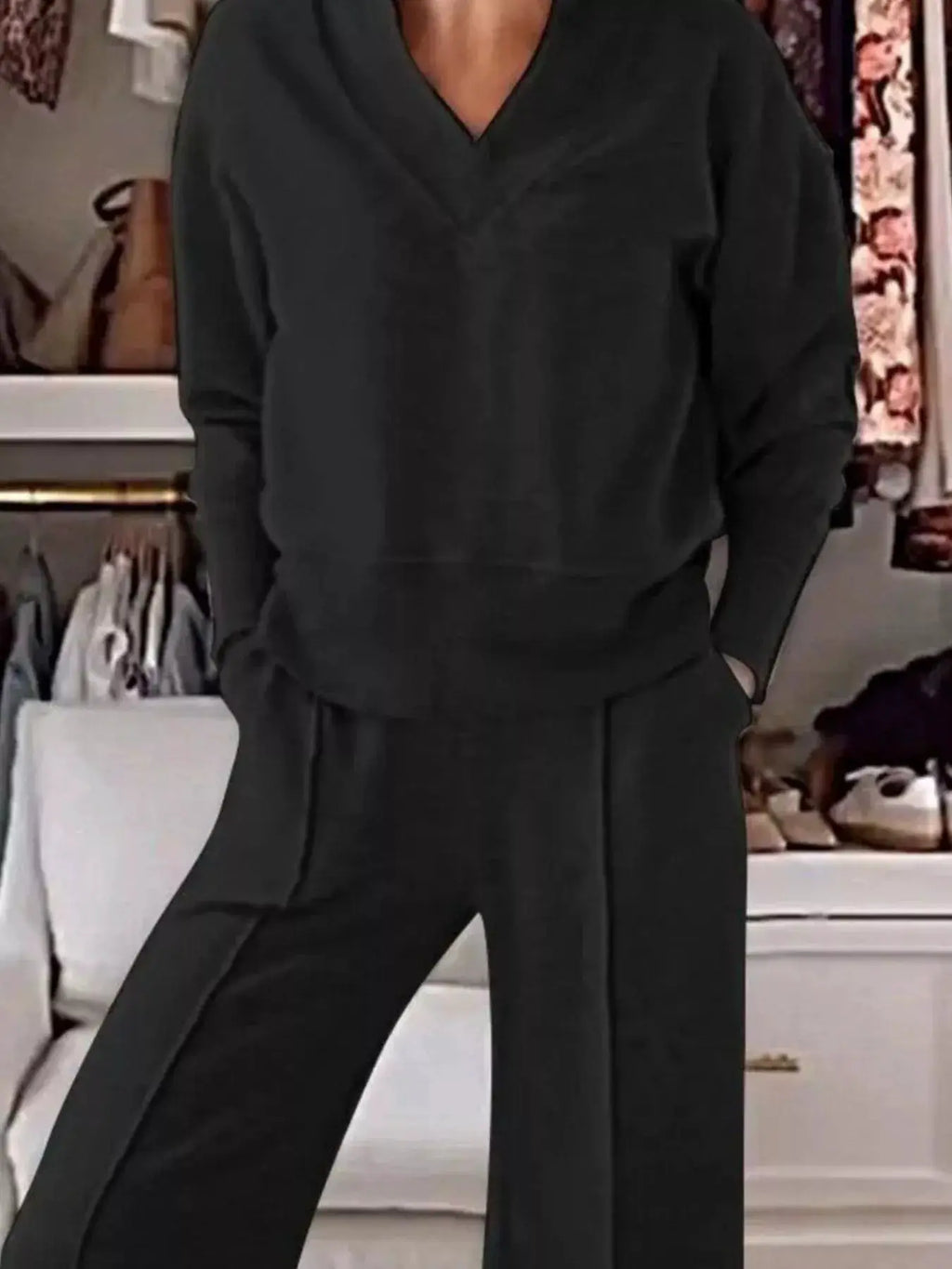 Full-size cozy v-neck 2-piece top and pants set by Belle Bijouix, black; plus-size sleepwear & loungewear with pockets