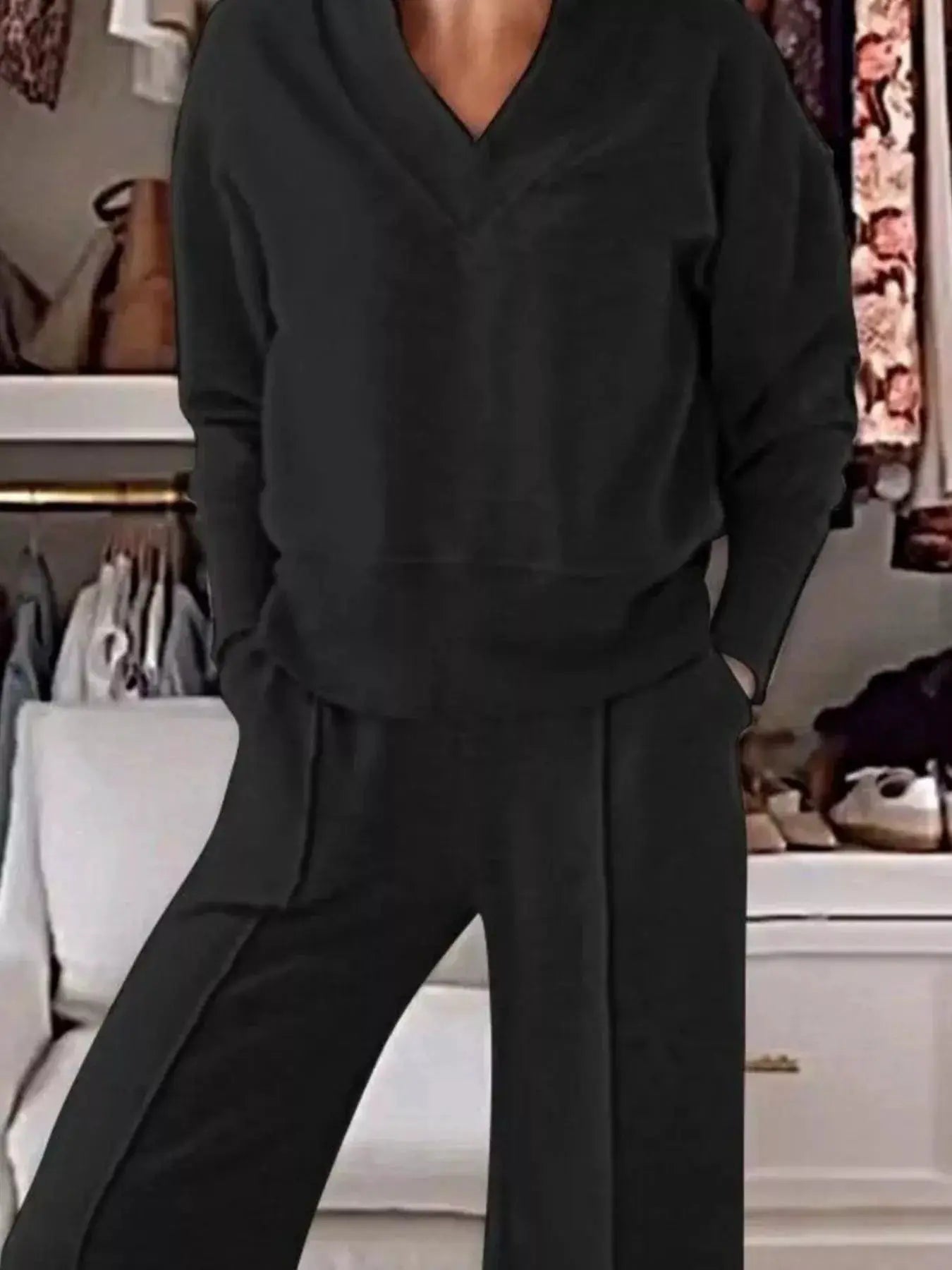 Full-size cozy v-neck 2-piece top and pants set by Belle Bijouix, black; plus-size sleepwear & loungewear with pockets