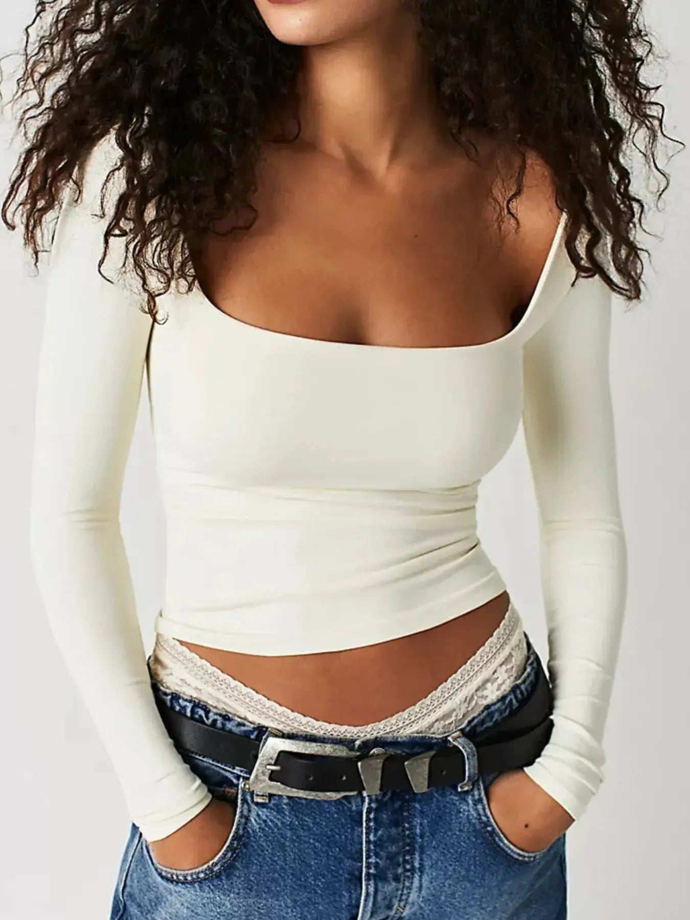Square Neck Fitted Long Sleeve T-Shirt in ivory, basic top with clean silhouette