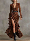 Faux Suede Ruffled High-Low Wrap Dress by Belle Bijouix – view 1 of 3