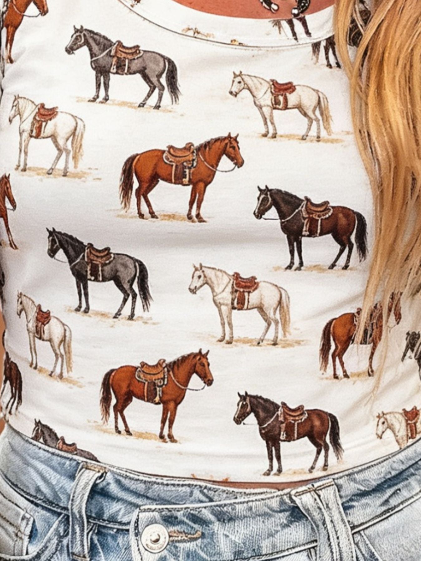 Wild West Horse Print Short Sleeve T-Shirt in white with repeating horse illustrations by Trendsi