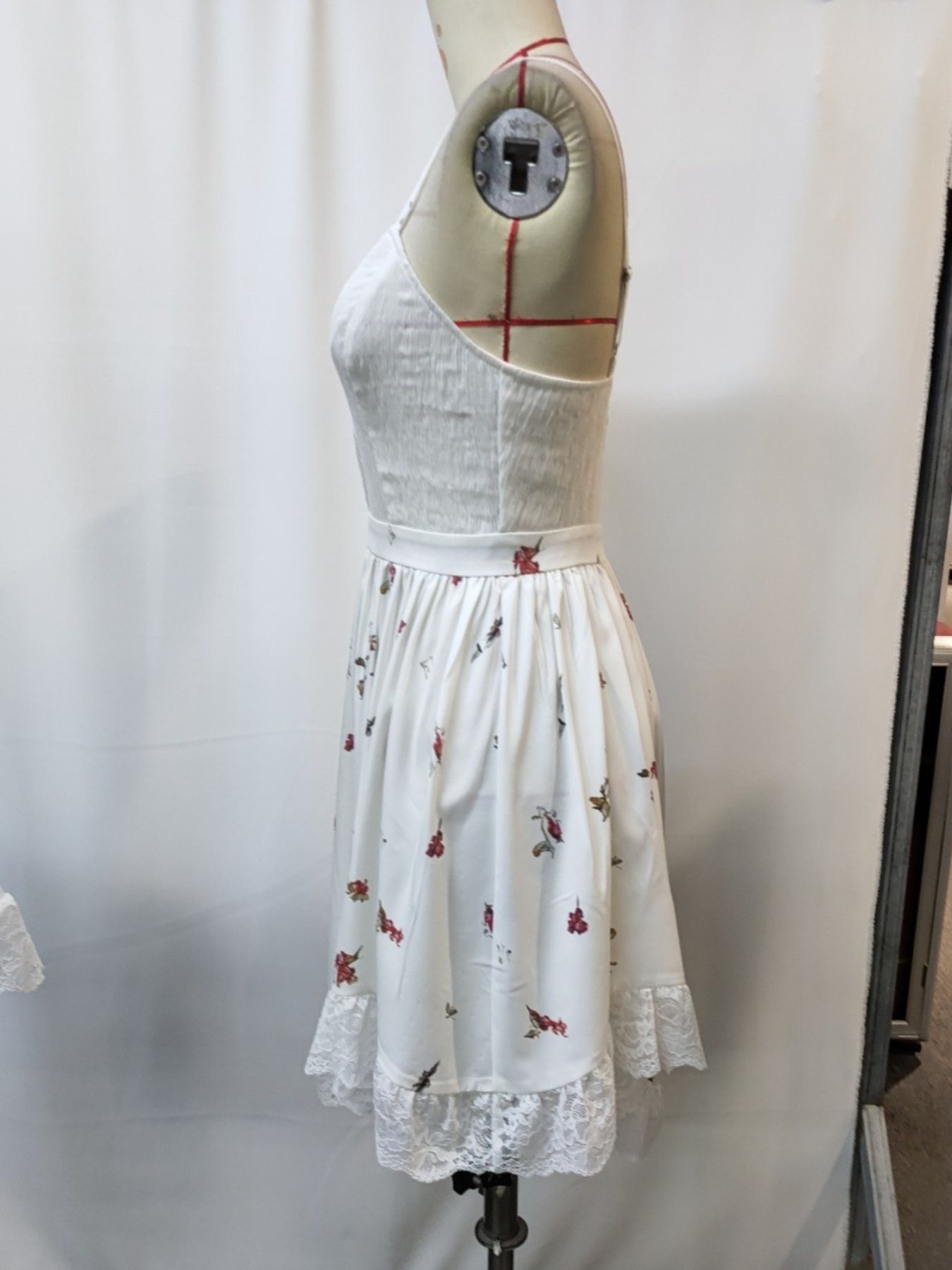Cami dress with white floral print, lace-trimmed asymmetrical hem, Trendsi