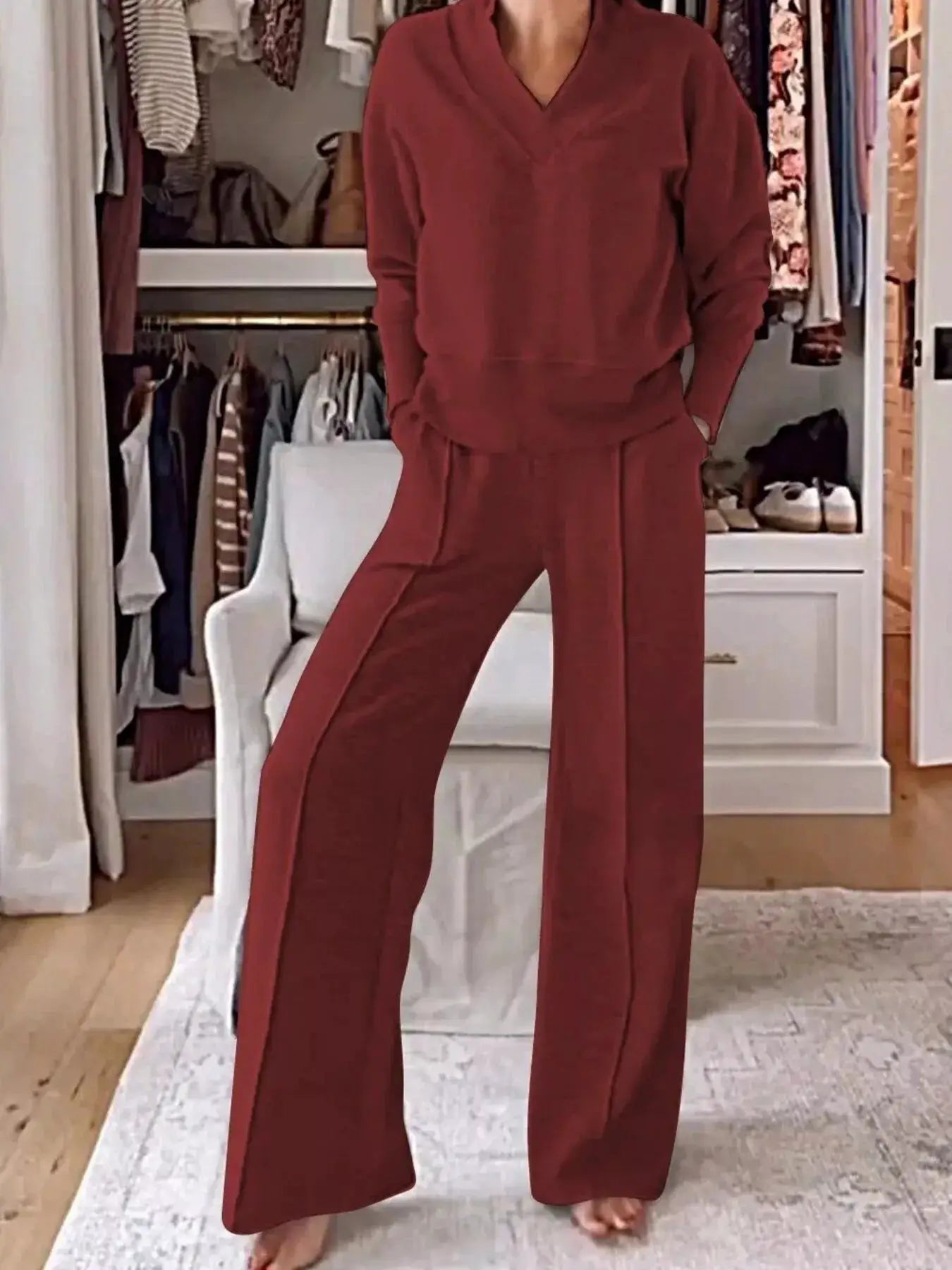 Full Size Cozy V-Neck Top and Pants Set (2-Piece) Plus Size by Belle Bijouix in rust red pocketed lounge set