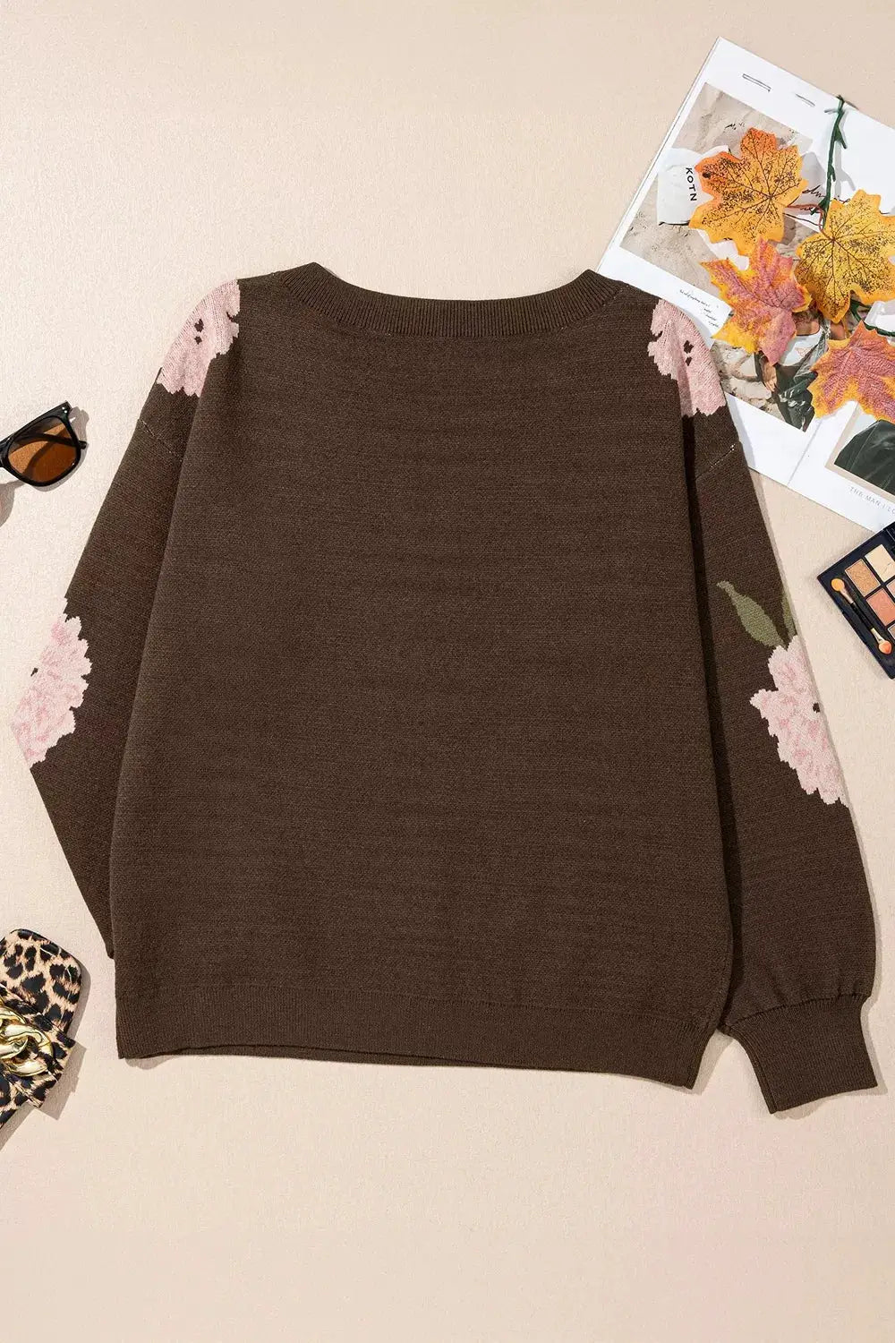 Trendsi Floral Print Drop Shoulder Relaxed Sweater, brown knit with pink floral shoulder accents on sleeves